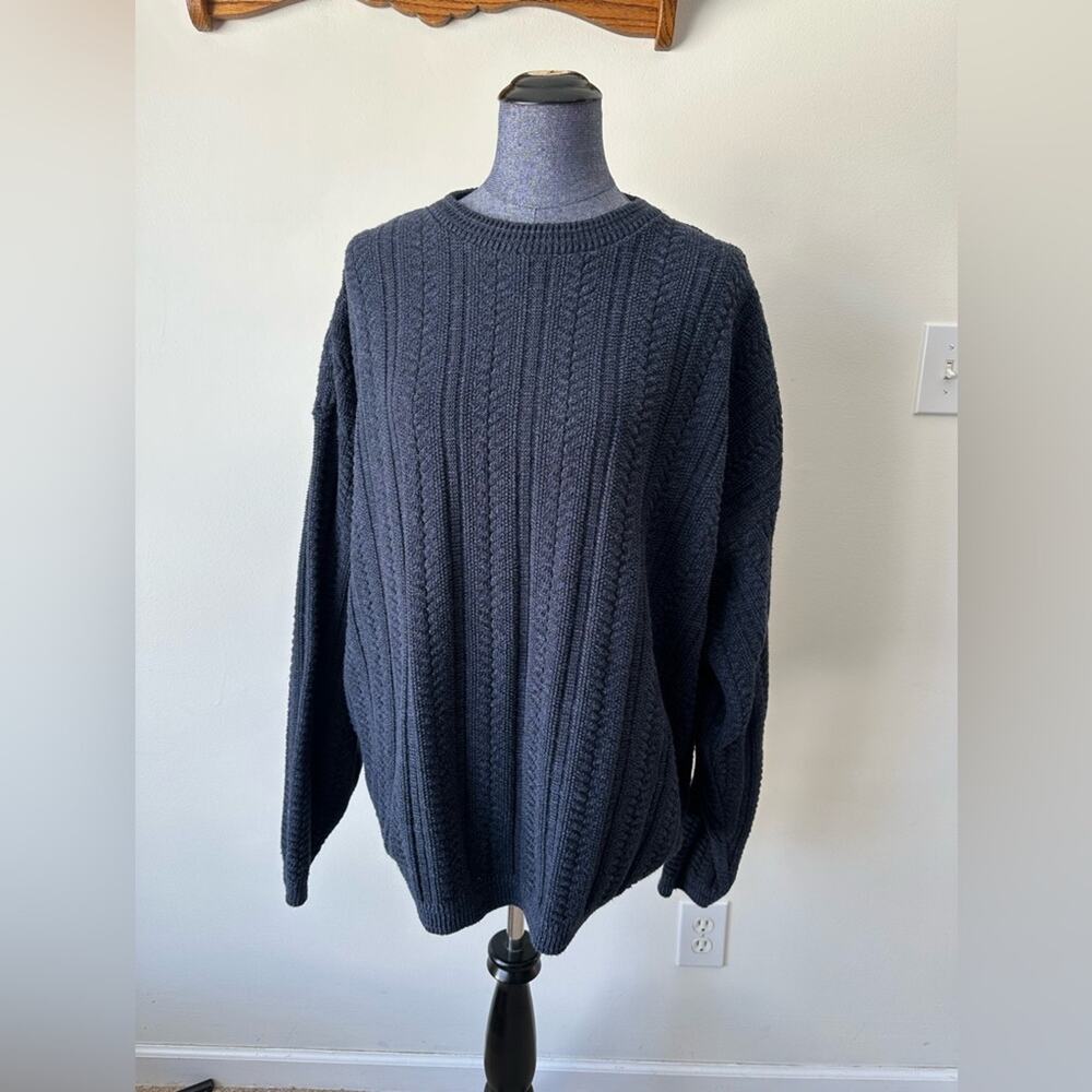Vintage 90s Bill Blass Dark Blue Cable Knit Crew Neck Sweater 3X
